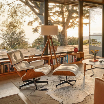 Brown and white speckled cowhide rug layered in a mid-century lounge with an Eames chair at golden hour