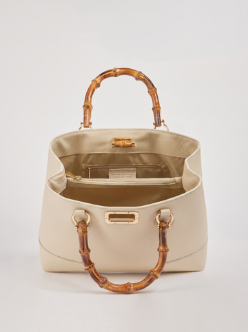 Ginevra Bamboo-Handle Leather Bag by Clemés in White, interior view
