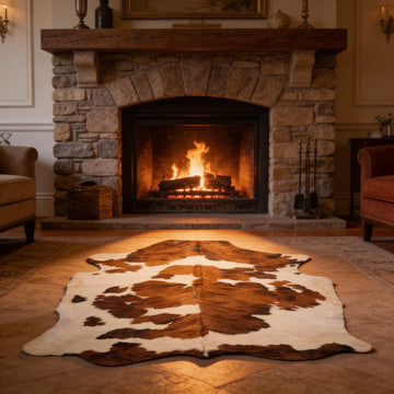 HN-23223 cowhide rug in living room with fireplace