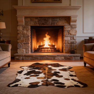 HN-23216 cowhide rug in living room with fireplace