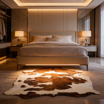 HN-23223 cowhide rug in luxury bedroom