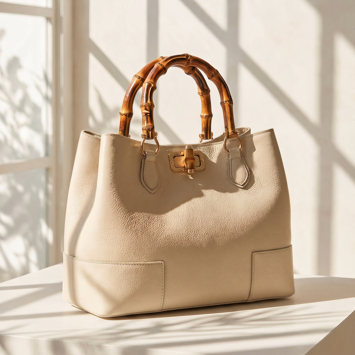 Ginevra Bamboo-Handle Leather Bag by Clemés in Light Taupe, three-quarter studio shot on grey background