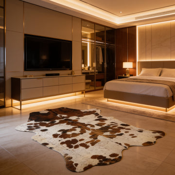 HN-23317 cowhide rug in luxury bedroom suite