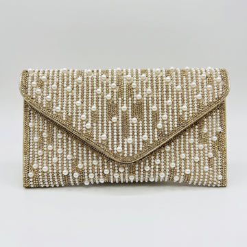 Perlette Pearl & Crystal Envelope Clutch by Clemés in Gold on light grey studio background