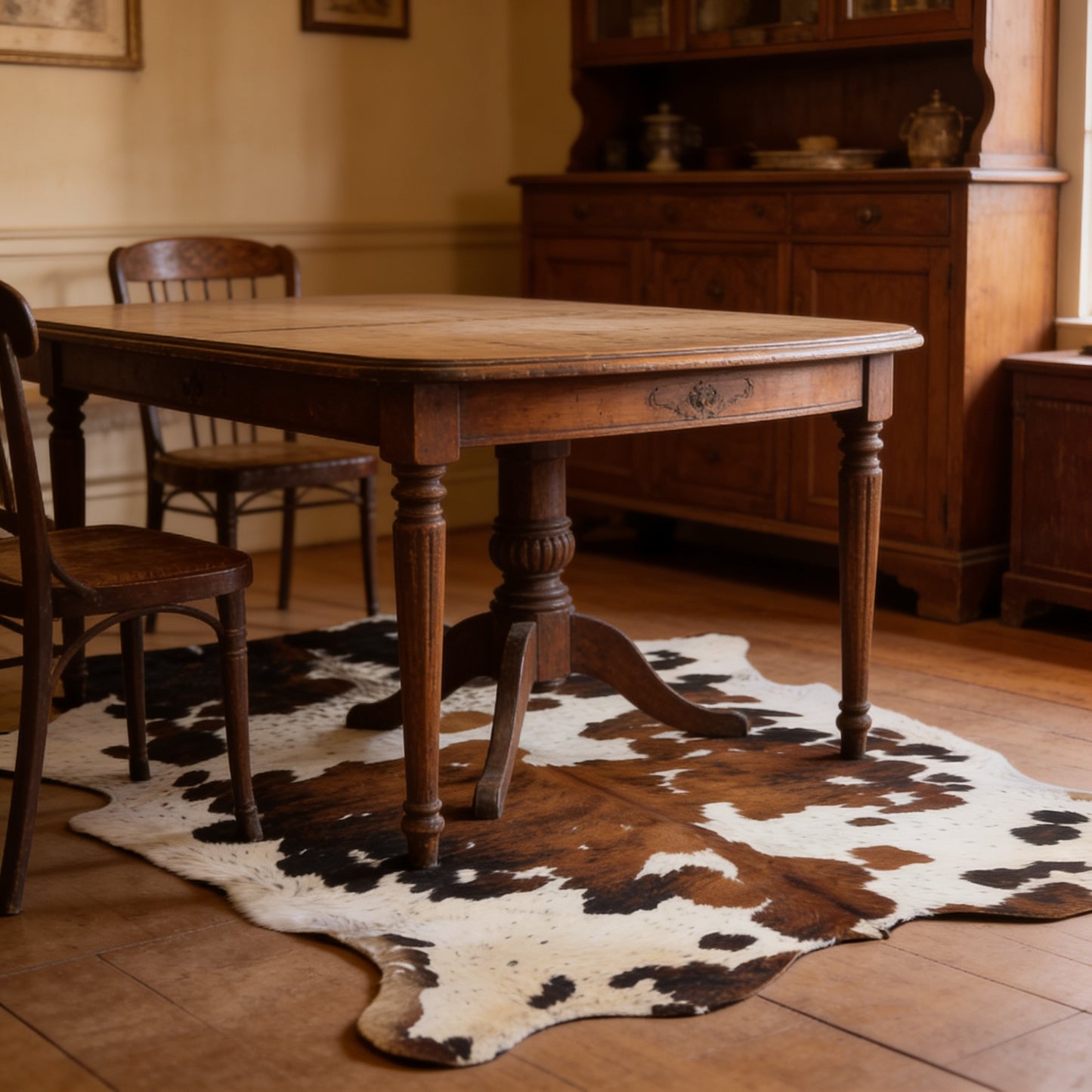 HN-23207 cowhide rug under vintage dining table