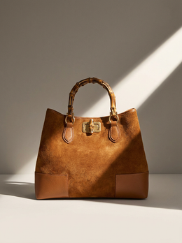 Ginevra Suede Bamboo Tote Bag in Cognac