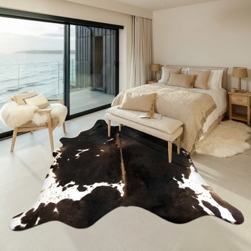 Caramel and ivory exotic printed cowhide rug styled on the floor of an editorial interior
