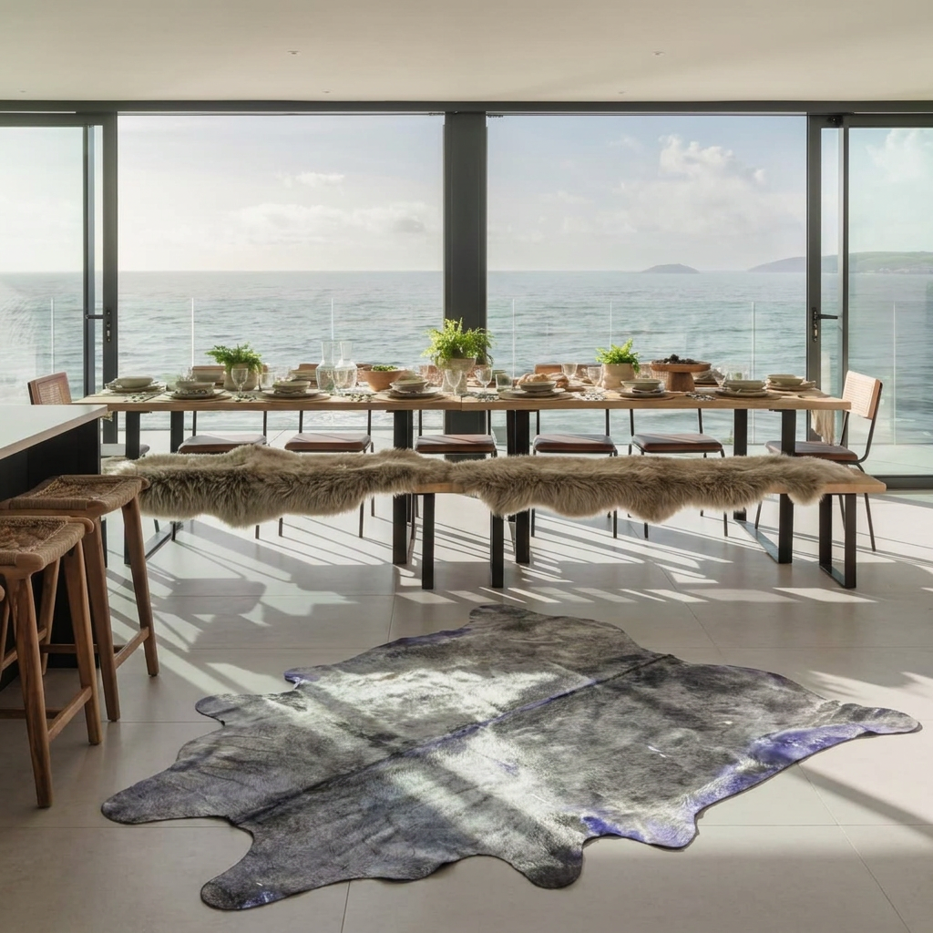 Grey and violet metallic cowhide rug styled on pale tiles in a coastal dining room with sea views
