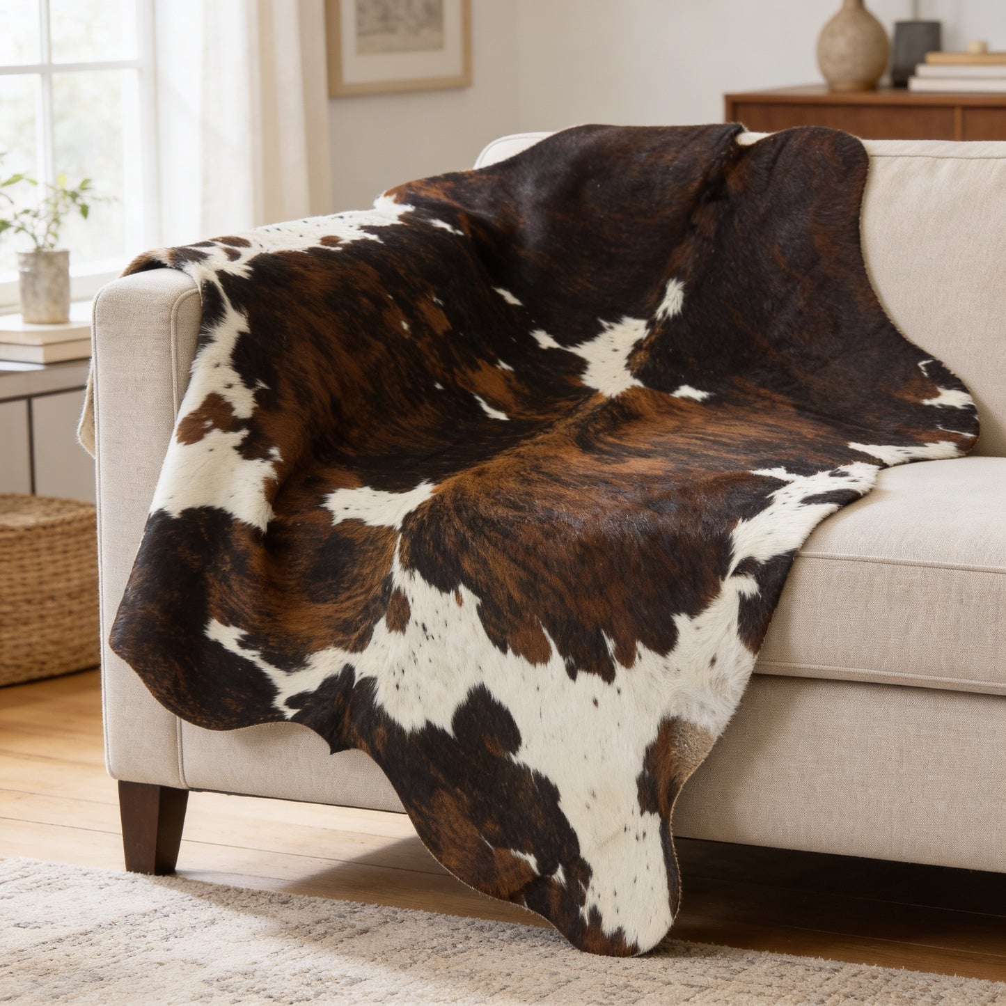 HN-23392 cowhide rug draped over sofa