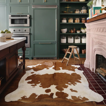 Brown and white natural cowhide rug styled on the floor of a warm rustic-modern green kitchen