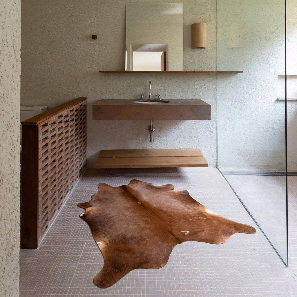 Caramel and ivory exotic printed cowhide rug styled on the floor of an editorial interior