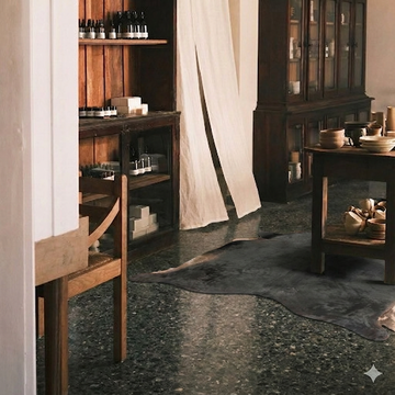 Caramel and ivory exotic printed cowhide rug styled on the floor of an editorial interior