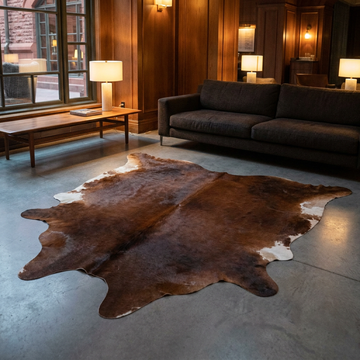 Natural cowhide rug styled on the floor of an editorial interior room