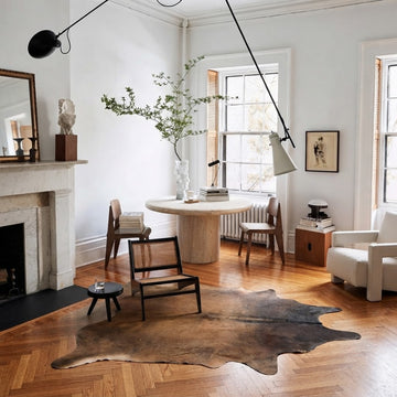 Mocha, chocolate and ivory cowhide rug styled on the floor of a warm editorial dining nook