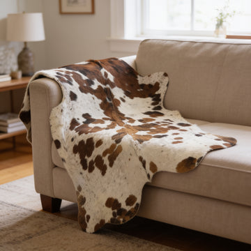 HN-23317 cowhide rug draped over sofa