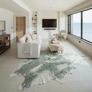 Platinum acid wash cowhide rug styled on the stone floor of a coastal luxury living room with sea views