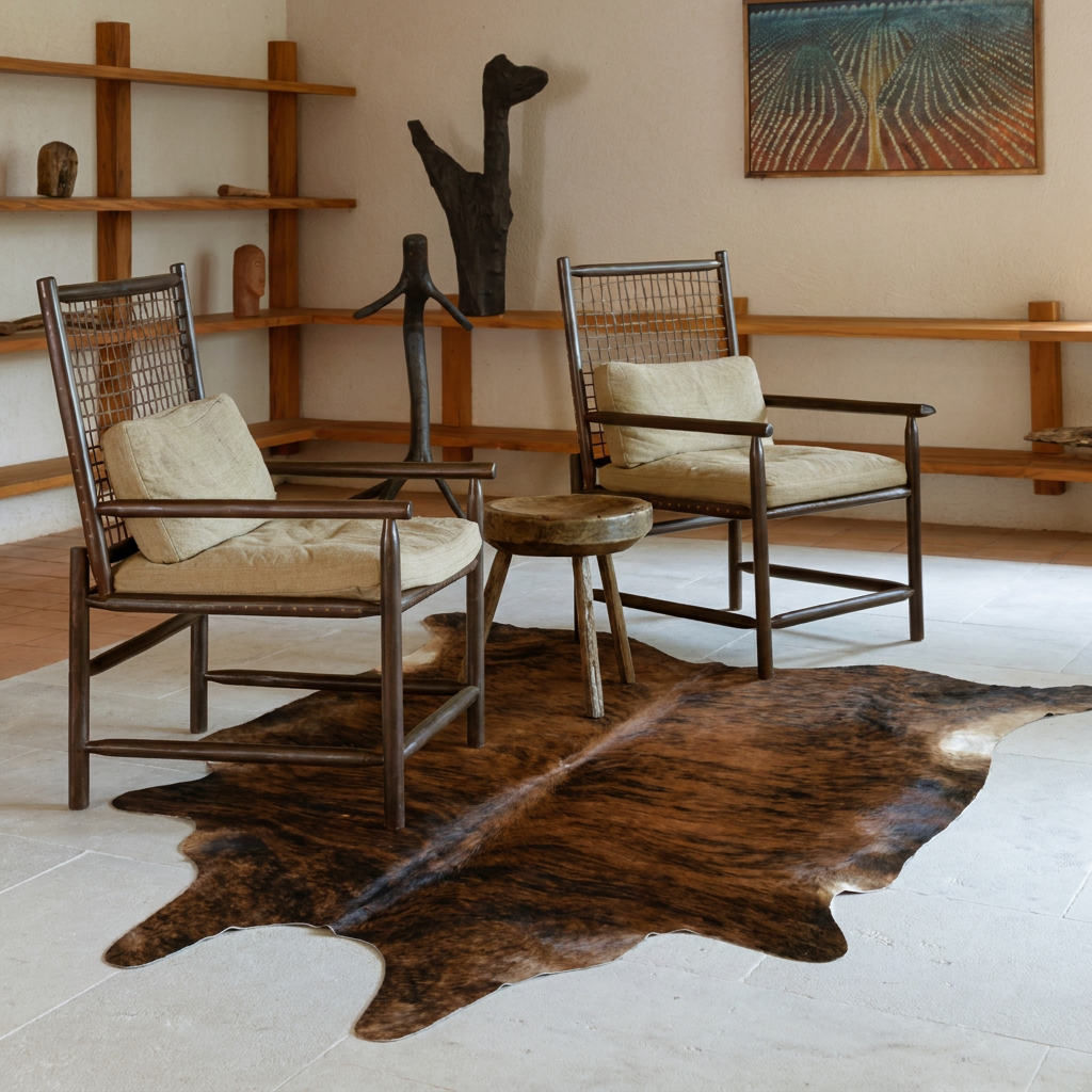 Dark brindle cowhide rug styled on the floor of an editorial interior
