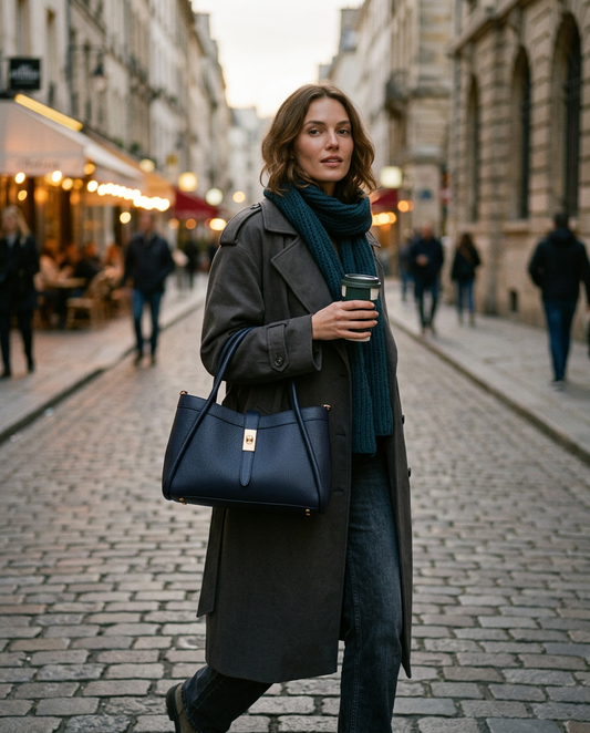 Bianca Leather Tote in Navy — evening city street, lifestyle