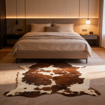 HN-23208 cowhide rug in cozy bedroom
