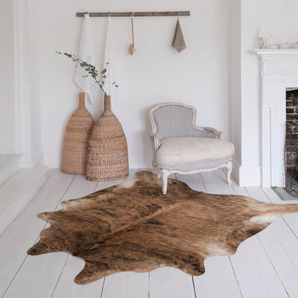 Dark brindle cowhide rug styled on the floor of an editorial interior