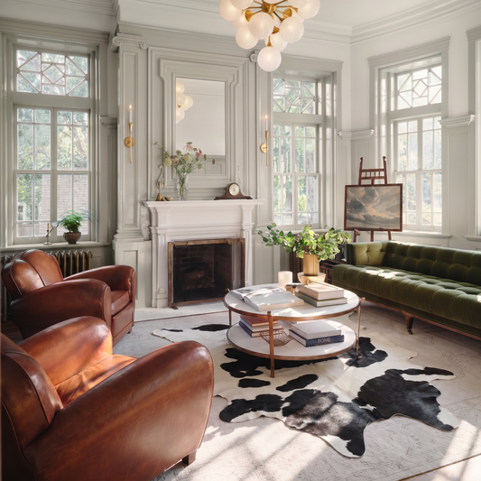 Black and white cowhide rug styled on the floor of an elegant chesterfield living room