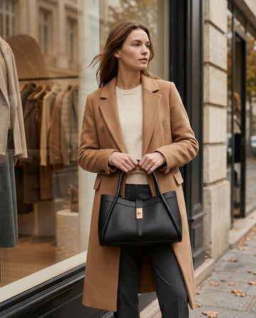 Bianca Leather Tote in Black — by a shop window, lifestyle