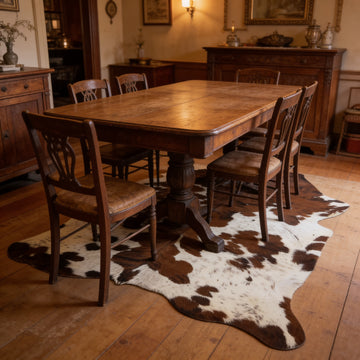 HN-23224 cowhide rug under vintage dining table
