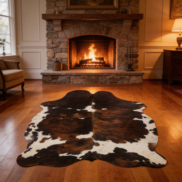 HN-23392 cowhide rug in living room with fireplace