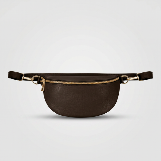 Romy leather crossbody bum bag in Dark Chocolate on light grey studio background