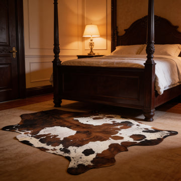 HN-23200 cowhide rug in luxury dark wood bedroom