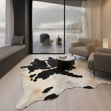 Caramel and ivory exotic printed cowhide rug styled on the floor of an editorial interior