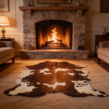 HN-23233 cowhide rug in living room with fireplace