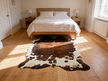 Brindle cowhide rug at foot of bed on oak wooden floor