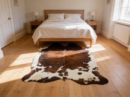 Brindle cowhide rug at foot of bed on oak wooden floor