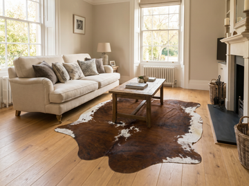 Premium Brazilian Nelore cowhide rug in living room