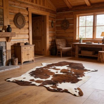 HN-23208 cowhide rug in timber house interior