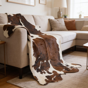 HN-23243 cowhide rug draped over sofa