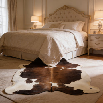 HN-23396 cowhide rug at foot of bed in bedroom