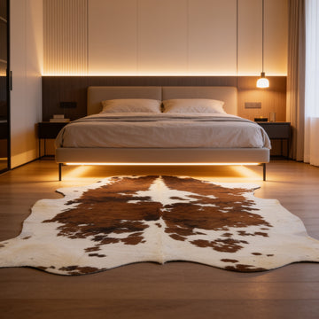 HN-23236 cowhide rug in cozy bedroom