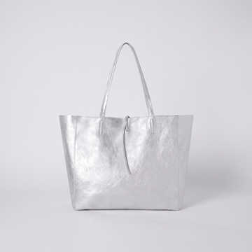 Carlotta Oversized Leather Tote in Silver on light grey studio background
