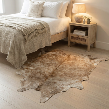 Caramel and ivory exotic printed cowhide rug styled on the floor of an editorial interior