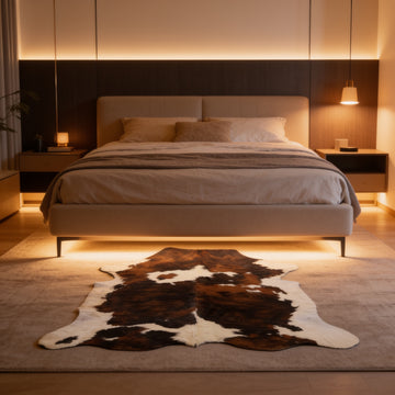 HN-23244 cowhide rug in cozy bedroom