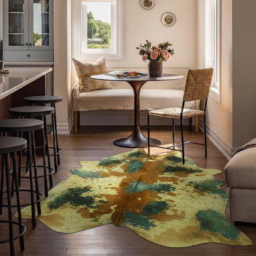 Acid-wash green and tan cowhide rug styled on the hardwood floor of a cosy contemporary breakfast nook