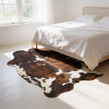 HN-23392 cowhide rug at foot of bed in bedroom