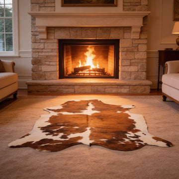 HN-23243 cowhide rug in living room with fireplace
