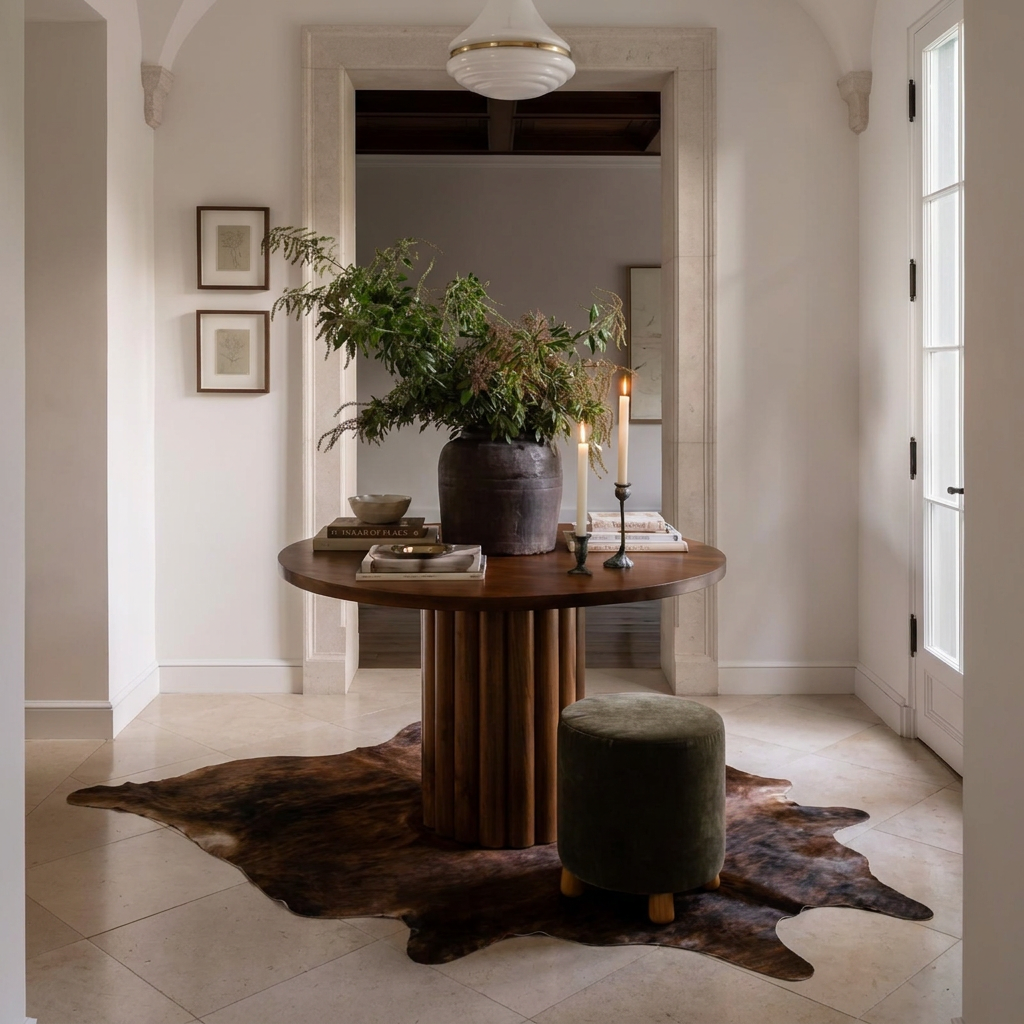 Dark brindle cowhide rug styled on the floor of an editorial interior
