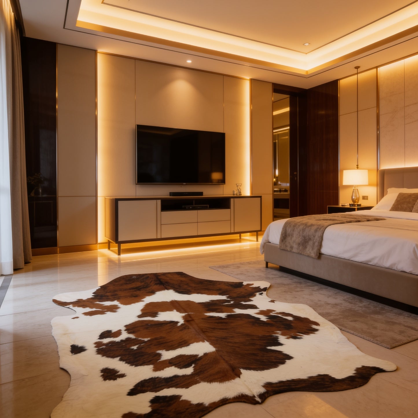HN-23223 cowhide rug in luxury bedroom suite
