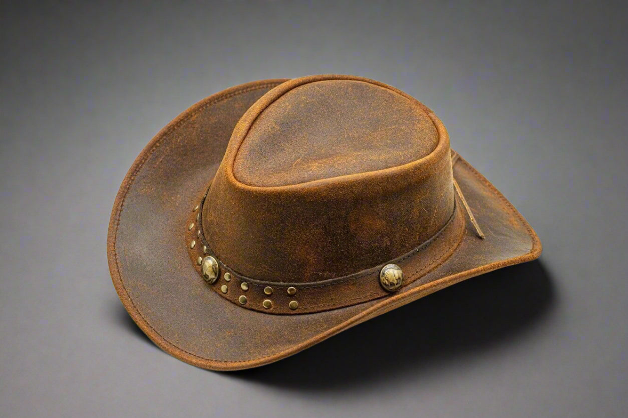 Genuine Cowhide Leather Handmade Western Outback Cowboy Hat, Drifter, Mocha