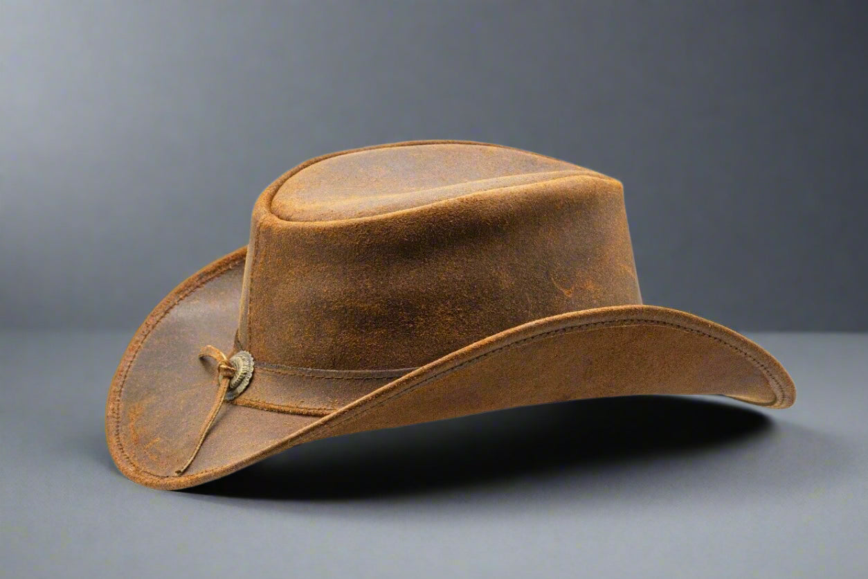 Genuine Cowhide Leather Handmade Western Outback Cowboy Hat, Drifter, Mocha