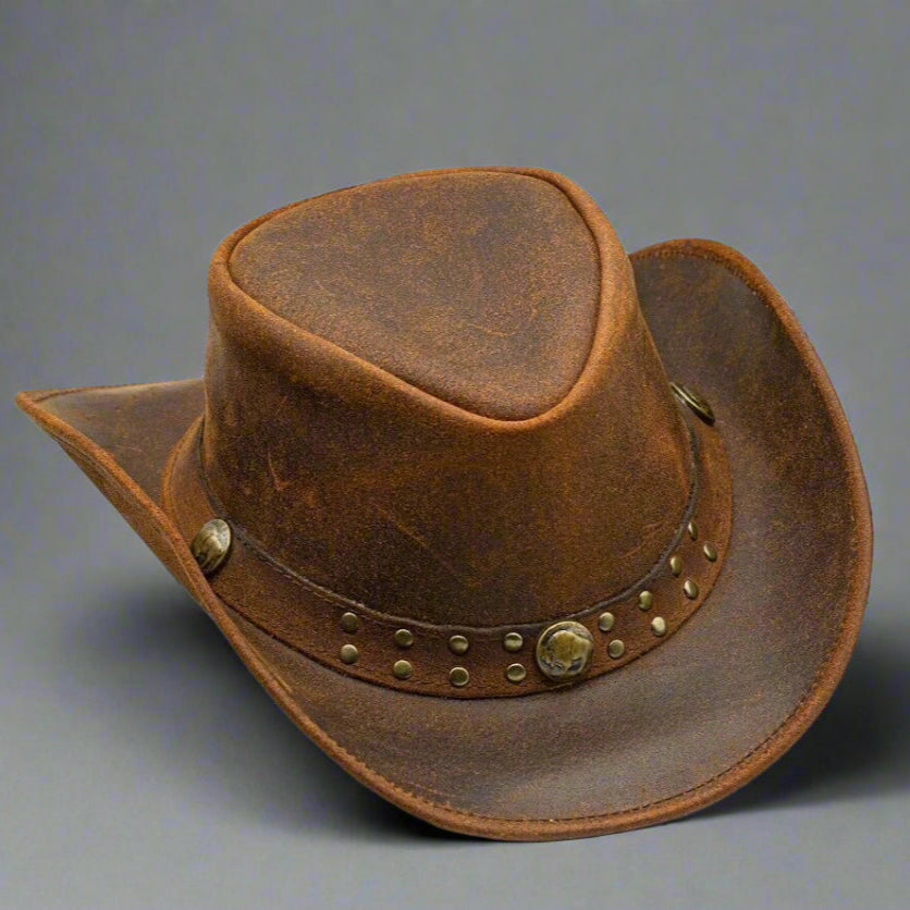 Genuine Cowhide Leather Handmade Western Outback Cowboy Hat, Drifter, Mocha
